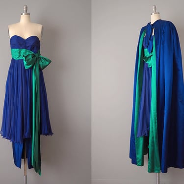 Bergdorf Goodman Designer Couture / 1950s Dress and Cape / 1957 Royal Blue and Emerald Silk Gown and Matching Cape / Size Small 