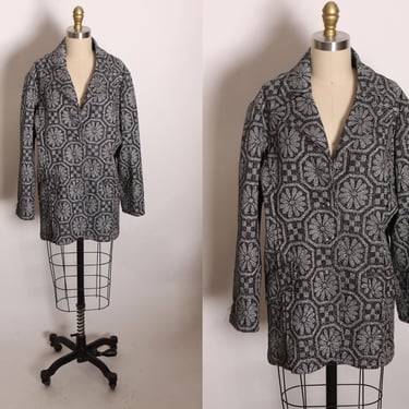 1970s Black and Silver Lurex Flower Power Long Sleeve Blazer Jacket -2XL 