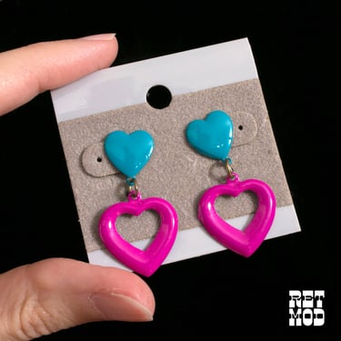 DEADSTOCK Adorable Vintage 80s 90s Pink & Turquoise Metal Heart Drop Earrings 