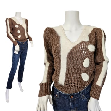 Nannell 1980's Brown Ivory Angora Patterned Sweater I Sz Med 