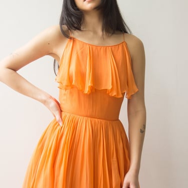 1970s Orange Silk Chiffon Party Dress 