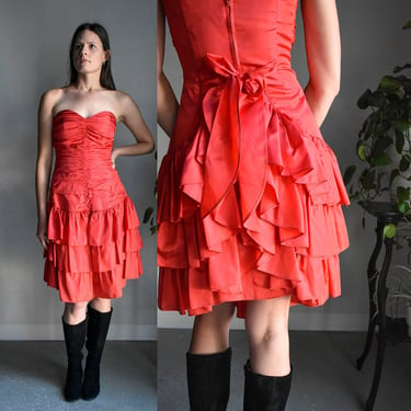 1980s Red Ruffled Cocktail Dress 