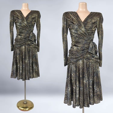 VINTAGE 80s Leopard Print Avant-Garde Draped Party Dress Size 5/6 | 1980s Ruched Coffin Pleated Cocktail Dress | VFG 