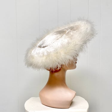 Vintage 1950s Eva Mae Modes Ivory Panne Velvet Picture Hat with Marabou Feather Brim, Special Occasion Platter Hat, Formal Cartwheel Hat 