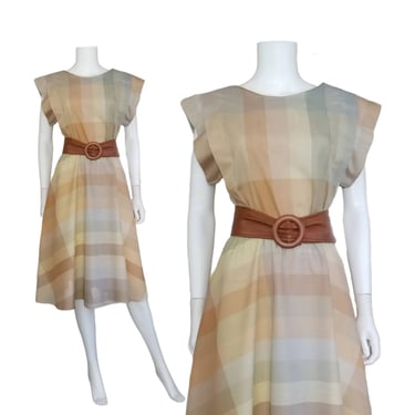 Vintage Beige Plaid Dress, Medium / 1970s Neutral Day Dress / Flared Earth Tone Country Swing Dress / 50s Style Sleeveless Summer Sun Dress 
