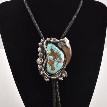 Signed Native American Turquoise Bear Claw Sterling Silver Bolo Tie On Black Leather Cord, Snake Motif 