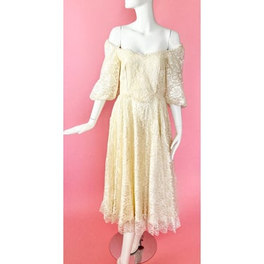 The Brigitte Dress; 1980s Off the Shoulder Lace Wedding Dress 