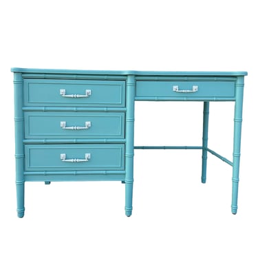 Faux Bamboo Desk by Henry Link Bali Hai - 1970s Vintage Teal Turquoise Blue Painted Hollywood Regency Coastal Furniture 