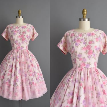 vintage 1950s dress | Beautiful Purple & Pink Floral Print Full Skirt Summer Dress | Small | 50s dress 