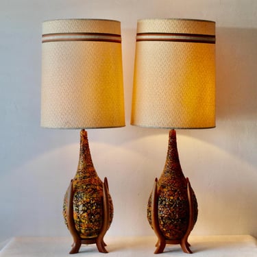 Marcello Fantoni Style Mid-Century Modern Lava Ceramic Wood Table Lamps - A Pair 