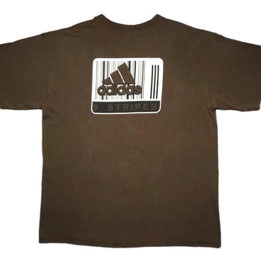 Vintage 90s Adidas Barcode Logo “3 Stripes” Double Sided Mocha Brown Graphic T-Shirt Size XL 