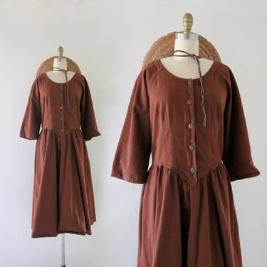 rust cotton dress with pockets - m - vintage 80s 90s full skirt button womens size medium casual spring midi long dress minimal 