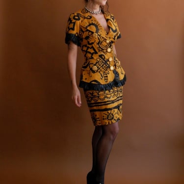 Vintage 90s Christian Lacroix Hand Painted Goldenrod Skirt Suit with Raffia Trim/ Size Medium 