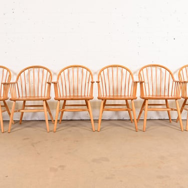 Claud Bunyard for Nichols & Stone American Windsor Oak Dining Armchairs, Set of Six