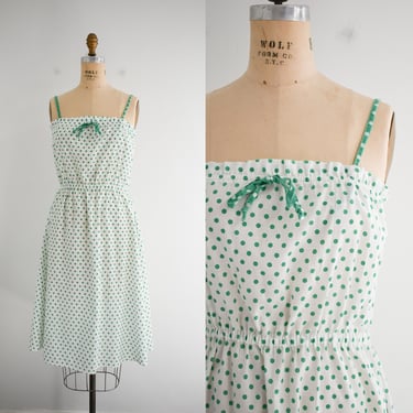 1970s Green and White Polka Dot Sun Dress 