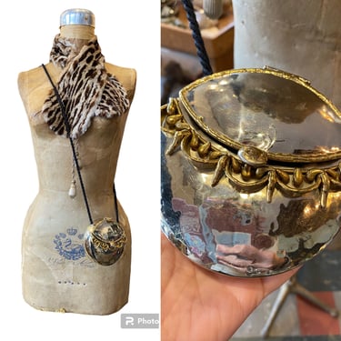 1980s metal purse, silver and brass, vintage shoulder bag, brutalist style, round, artist made, ooak, cross body, box purse, evening bag 