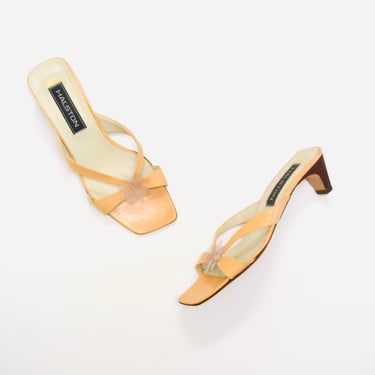 90s 00s Y2K Vintage Nude Tan Slides High Heel Sandals Halston SIze 7 Made in Italy Square toe 90s 00s Wedding high heels Sandals Shoes Nude 