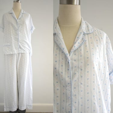 1980s Heiress Blue Striped Floral Pajamas 