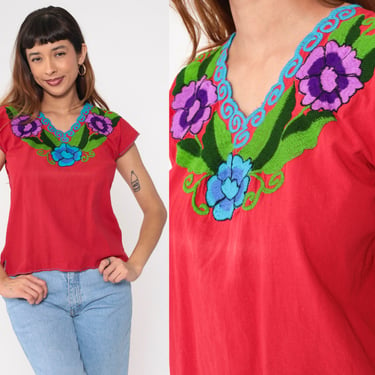 Mexican Embroidered Top Blouse 90s Red Floral Blouse Peasant V Neck Hippie Short Sleeve Shirt Summer Boho Vintage 1990s Small Medium 