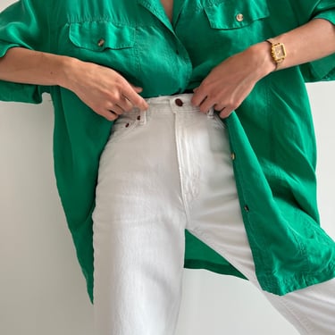 Vintage Emerald Short Sleeve Silk Button Up Blouse