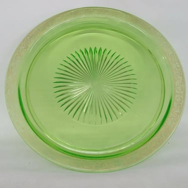 Green Depression Uranium Glass Gold Trim Large Serving Plate Dish Tray 1749B