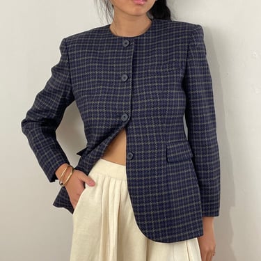 80s Christian Dior blazer / vintage wool navy blue houndstooth tweed collarless Christian Dior blazer | S 