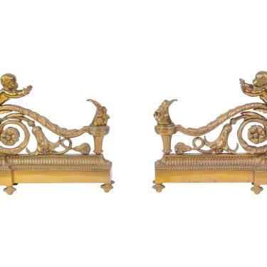 Pair of European Antique Louis XV Bronze Cherub Chenets