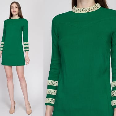 XS 60s Green & White Lace Trim Mini Dress | Vintage Retro Long Sleeve A Line Holiday Party Dress 