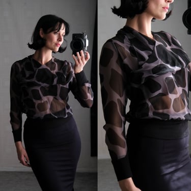 Vintage 80s UNGARO TER Black & Gray Sheer Silk Giraffe Print Cuffed Blouse w/ Wrap Cowl Neck | 100% Silk | 1980s French Designer Silk Top 
