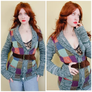 1970s Vintage Green Space Dye Acrylic Cardigan / 70s / Seventies Multi Color Patchwork Design Sweater / Size Small - Medium 