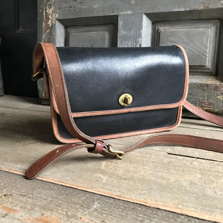Coach Leather Handbag, Two Tone Black, Tan, Brass | Jan display picture 1