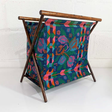 Vintage Knitting Basket Sewing Crocheting Bag Rack Magazine Barkcloth Textile Blue Pink Folding Mid-Century 50s 1960s 