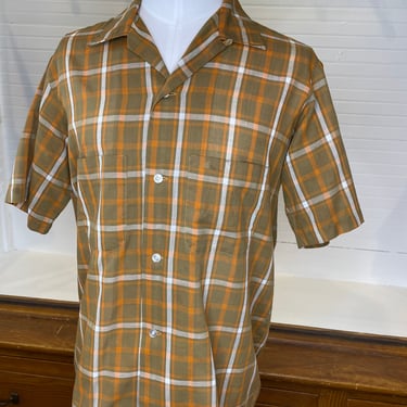 1950s men’s olive and orange plaid shirt 