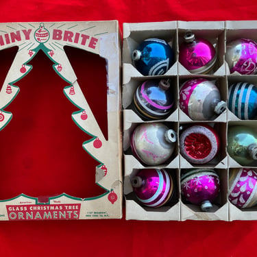 shiny brite ornaments vintage mercury glass Christmas large balls one dozen mica stripe balls 