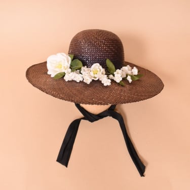 Dark Brown Straw Hat With Flowers