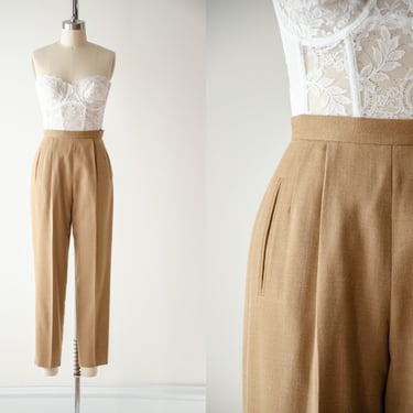 high waisted pants | 90s vintage Chaus light brown tan wool dark academia straight leg cropped ankle trousers 