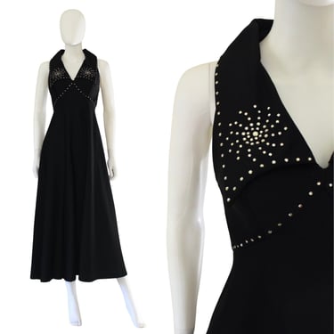 1970s Rhinestone Black Halter Dress - 1970s Halter Dress - Vintage Rhinestone Dress - 70s Disco Dress - Halter Maxi Dress | Size Small 