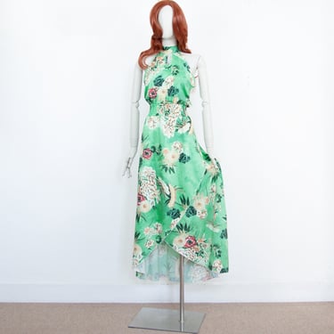 Vintage 90s Green Floral Maxi Long Dress Halter Collar Sleeveless Size S UK 10 