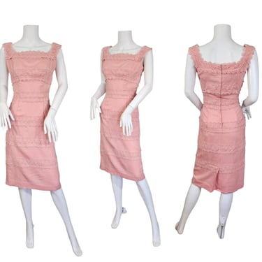 1950's Pink Linen Lace Wiggle Dress I Sz Sm I Rockabilly I Sleeveless 