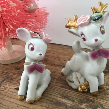 Kitschy Deer And Doe With Pink Rose And Red Violet Bows,Gold Antlers And Hooves, Vintage Made In Japan, Backstamp Looks Like Napco 