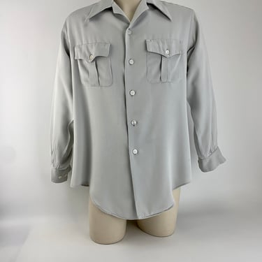 1940's Rayon Gabardine Shirt - Gray Gabardine - MARLBORO Label - Pleated Flap Patch Pockets - Loop Collar - Men's Size Medium - As Is 