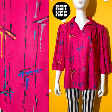 Pop Art Vintage 80s 90s Magenta Pink Paint Splatter Wearable Art Blouse 