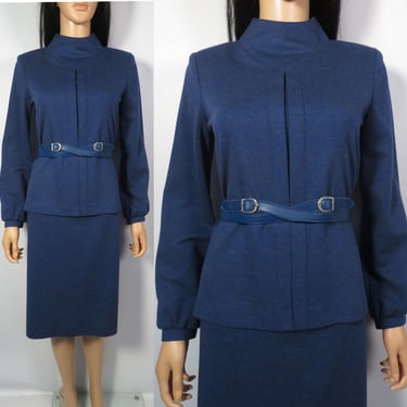 Vintage 70s Mod Deadstock Blue Knit Skirt Set With Original Belt Made In USA Size M/L 8 