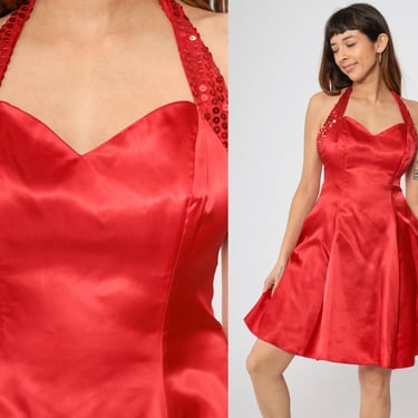 90s Red Satin Dress Sequin Party Dress Mini Halter Dress Open Back Full Skirt Sweetheart Neckline Cocktail Zum Zum Prom Vintage 1990s Medium 