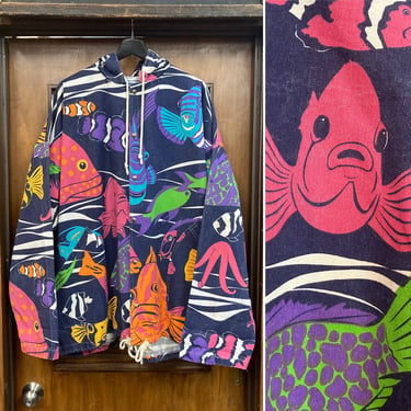 Vintage 1980’s Size XL “Michigan Rag” Label Exotic Fish Print Hooded Beach Jacket, 80’s Pop Art, Vintage Clothing 