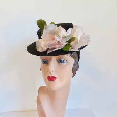 Vintage 1940's Black Fabric Tilt Topper Black Hat Pink Silk Roses Flowers Trim Riding Style Back Head Band WW2 Ea 40's Millinery Weintraub's 