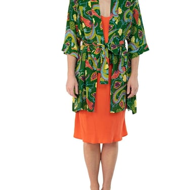Morphew Collection Green & Orange Dragon Novelty Print Cold Rayon Bias Kimono 