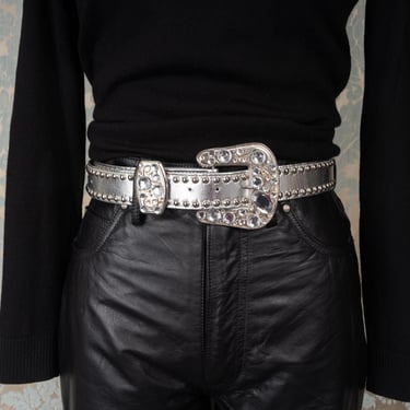 1980s Caché St. Maarten Studded Silver Leather Belt with XL Rhinestone Embellished Buckle 