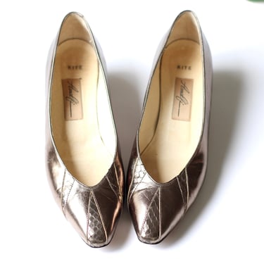 1980s Metallic Leather and Snakeskin Low Heel Pumps - Vintage Amalfi Made in Italy - Size 8 Narrow 