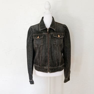 80s Gap Washed Black Denim Jean Jacket With Puffed Sleeves and Zip Front | Small/Medium 
